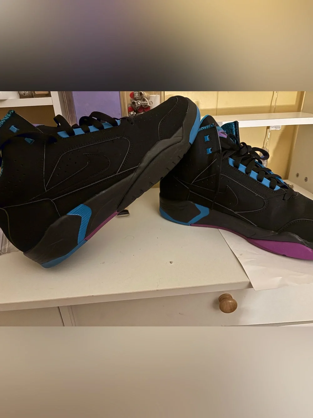 Men’s air flight blue, purple and black color way.